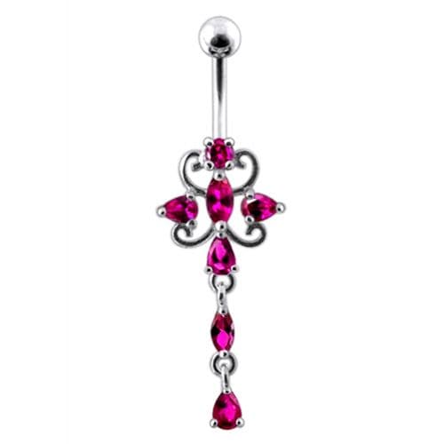 Dangling Jeweled Flower SS Bar Belly Ring - Monster Piercing