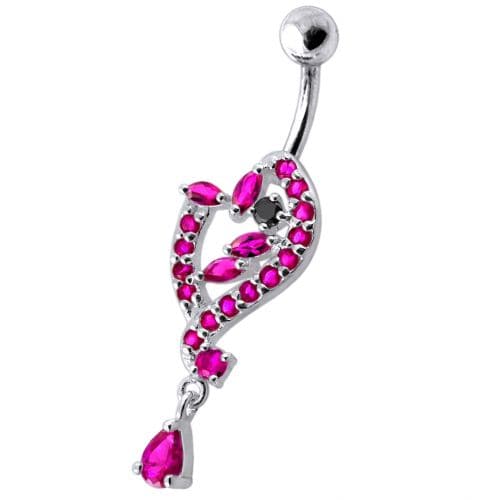 925 Silver Dangling Pink Stone Jeweled Heart Navel Ring - Monster Piercing