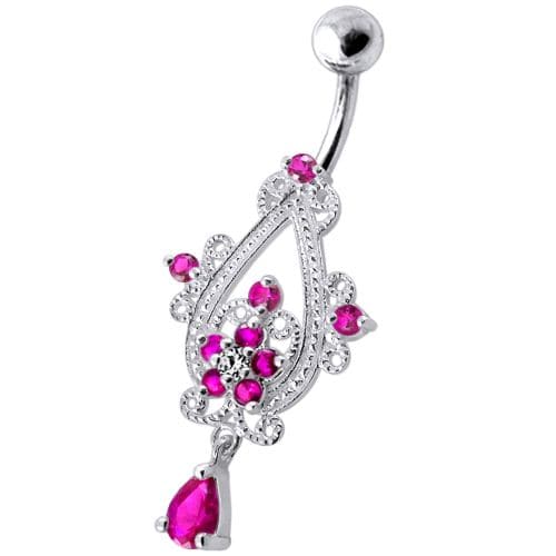 Sterling Silver Dangling Jeweled Banana Bar Navel Ring - Monster Piercing