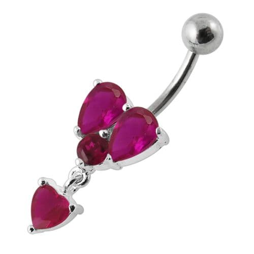 Dangling Jeweled Heart Shape Setting Banana Bar Navel Ring - Monster Piercing