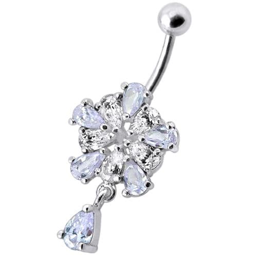 Jeweled Fancy Silver Flower Dangling Banana Bar Navel Belly Ring - Monster Piercing