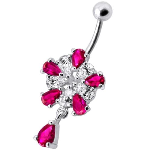 Jeweled Fancy Silver Flower Dangling Banana Bar Navel Belly Ring - Monster Piercing