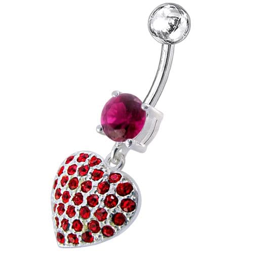 Fancy  Jeweled Heart Dangling SS Bar Belly Ring - Monster Piercing