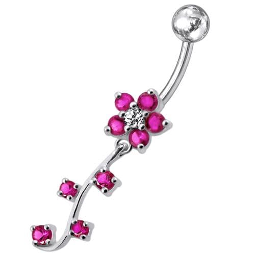 Fancy  Silver Flower Dangling Belly Ring - Monster Piercing