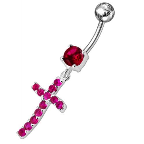 Sterling silver Jeweled Cross Dangling Navel Ring - Monster Piercing