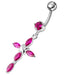 Jeweled Fancy Silver Flower Dangling SS Bar Banana Belly Ring - Monster Piercing