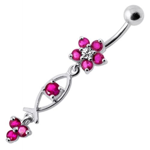 Silver Fancy Jeweled Dangling Flower With SS Banana Bar Navel Ring - Monster Piercing