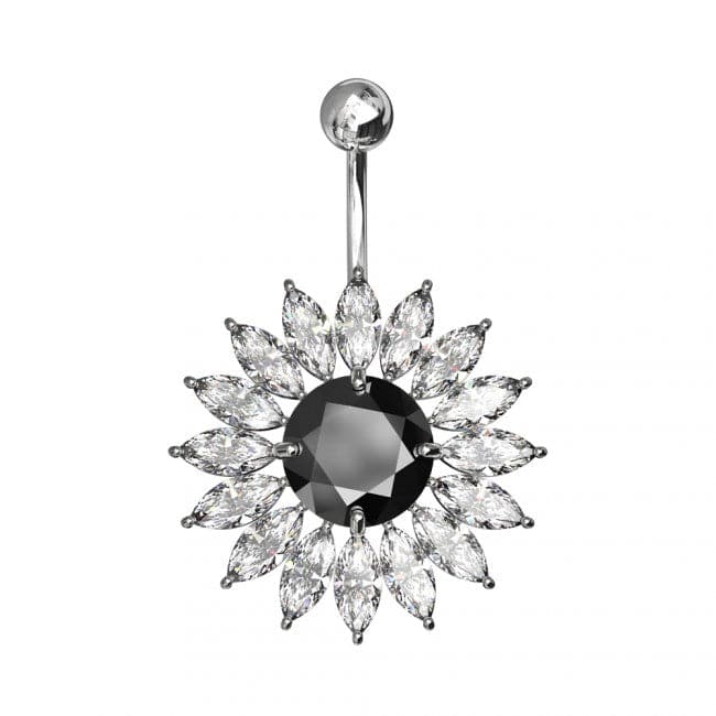 Jeweled Sunflower Silver Banana Bar Navel Ring - Monster Piercing