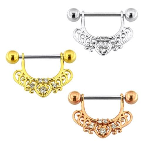 Jewelled Heart Floral Nipple Piercing Bar - Monster Piercing