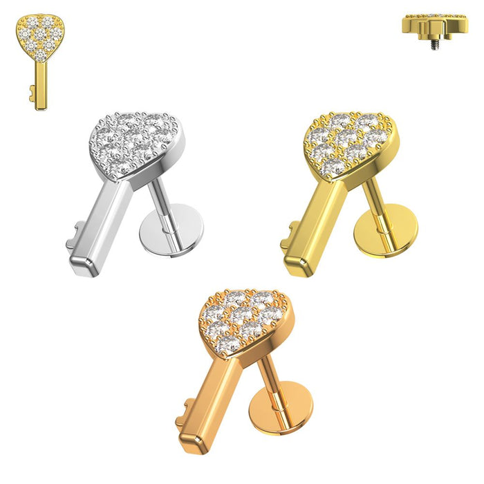 316L Surgical Steel Micro CZ Jewelled Key Flat Back Stud - Monster Piercing