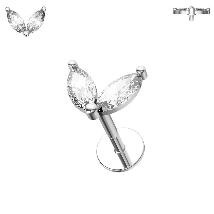 316L Surgical Steel Double Marquise CZ Jewelled Internally Threaded Flat Back Stud - Monster Piercing