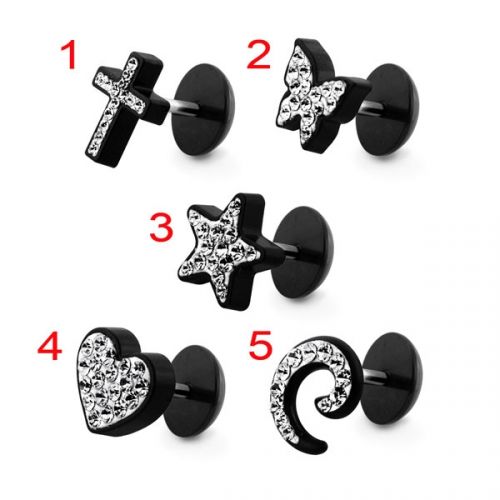 Black UV with Clear Crystal stone Jewelled Fake Ear plug - Monster Piercing