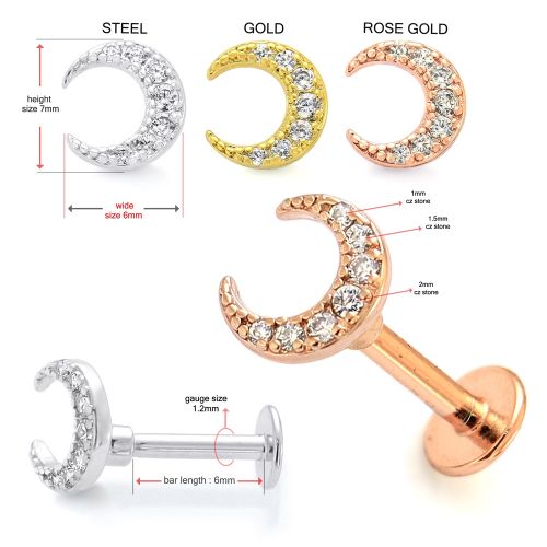 316L Surgical Steel Jewelled Crescent Moon Flat Back Labret Cartilage Helix Tragus Piercing Ear Stud