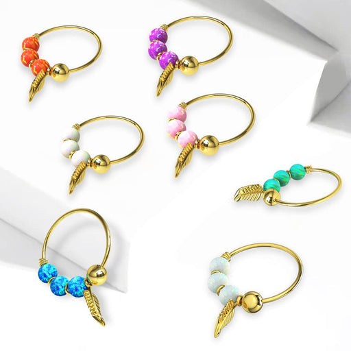 14ct Yellow Gold Opal Stones & Leaf Hoop Nose Ring - Monster Piercing