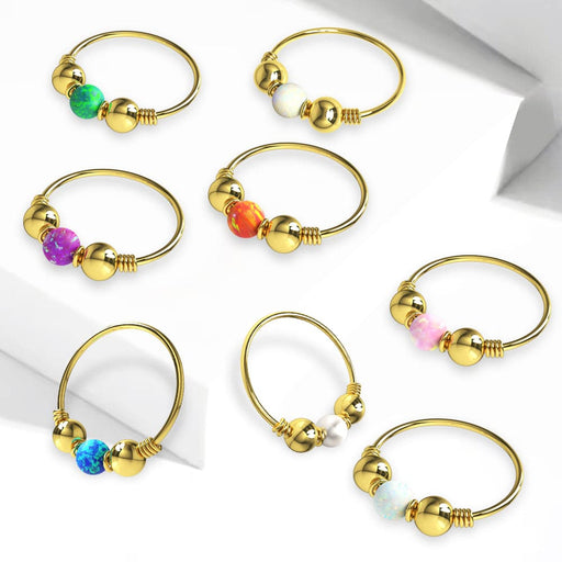 14ct Yellow Gold Opal Stones with Leaf Hoop Nose Ring - Monster Piercing