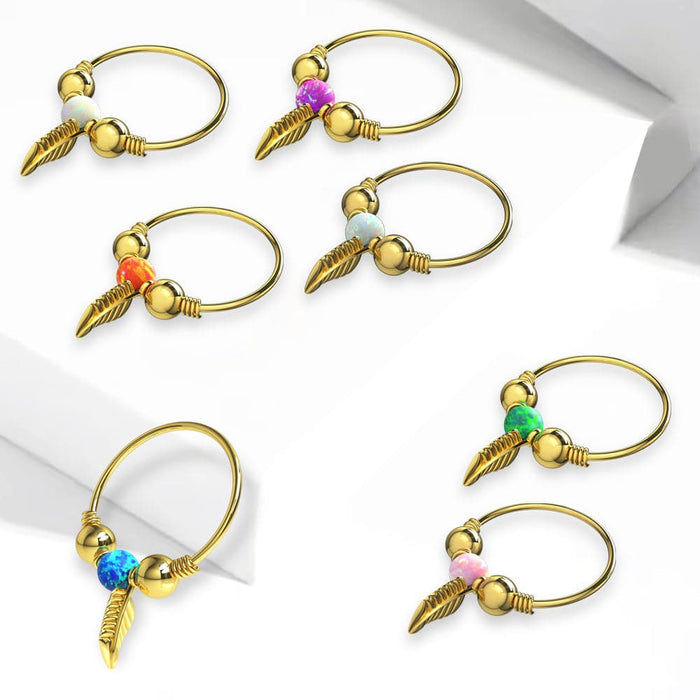 14ct Yellow Gold Opal Bead with Leaf Charm Nose Hoop Ring - Monster Piercing