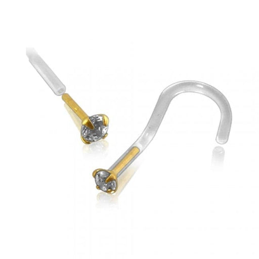 14ct Gold Head Bio-Plast Nose Screw with CZ Stone - Monster Piercing