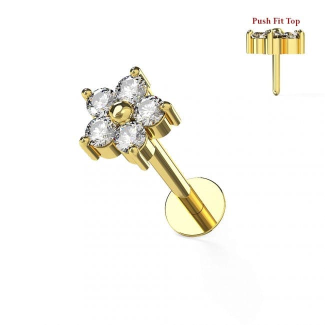 14ct Gold Internal Lip Labret with Flower Jewelled Push Fit Top - Monster Piercing