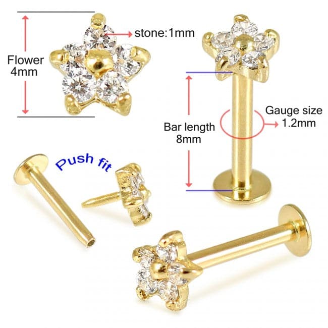 14ct Gold Internal Lip Labret with Flower Jewelled Push Fit Top - Monster Piercing