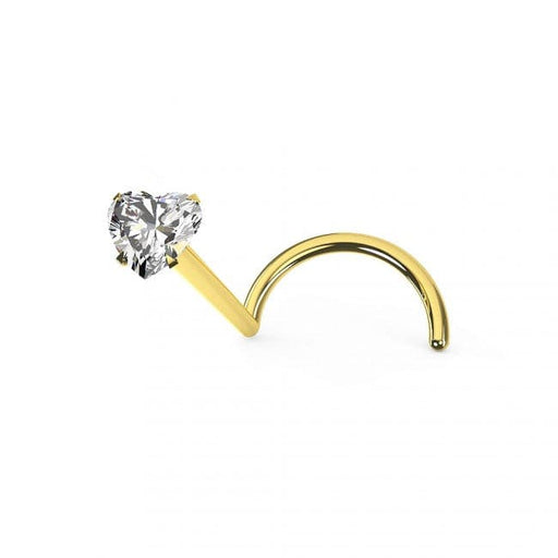 14ct Solid Yellow Gold Heart Cubic Zirconia Jewelled Nose Screw Stud - Monster Piercing