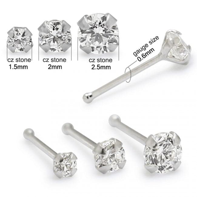 14ct Solid Gold Round Cubic Zirconia Jeweled Ball End Nose Pin Nose Stud - Monster Piercing