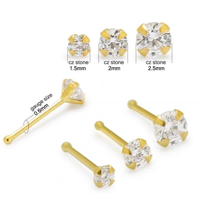 14ct Solid Gold Round Cubic Zirconia Jeweled Ball End Nose Pin Nose Stud - Monster Piercing