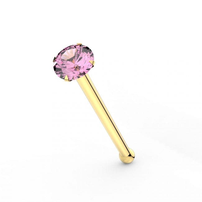 14ct Solid Gold Pink Cubic Zirconia Stone Jeweled Ball end Nose Pin Stud - Monster Piercing