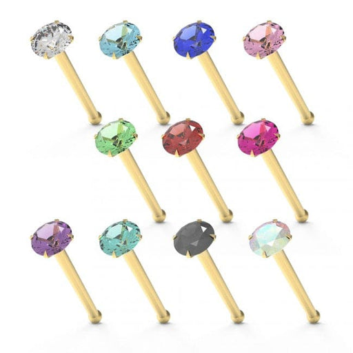 9ct Solid Yellow Gold with Colorful Crystal Stone Jeweled in Prong set Ball End Nose Stud - Monster Piercing