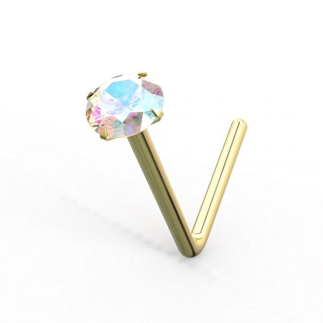 14ct Solid Gold Crystal Jeweled in Prong Setting L Bend Nose Stud - Monster Piercing