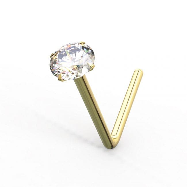 14K Solid Gold Crystal Jewelled in Prong Setting L Bend Nose Stud