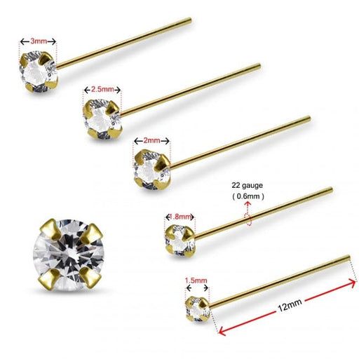 14ct Solid Gold Prong Setting Clear CZ Nose Stud Straight End Nose Pin - Monster Piercing