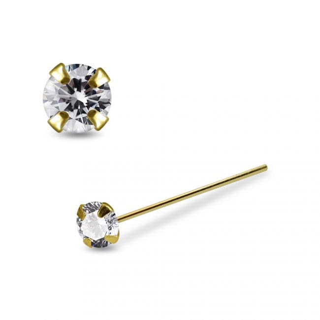 14ct Solid Gold Prong Setting Clear CZ Nose Stud Straight End Nose Pin - Monster Piercing