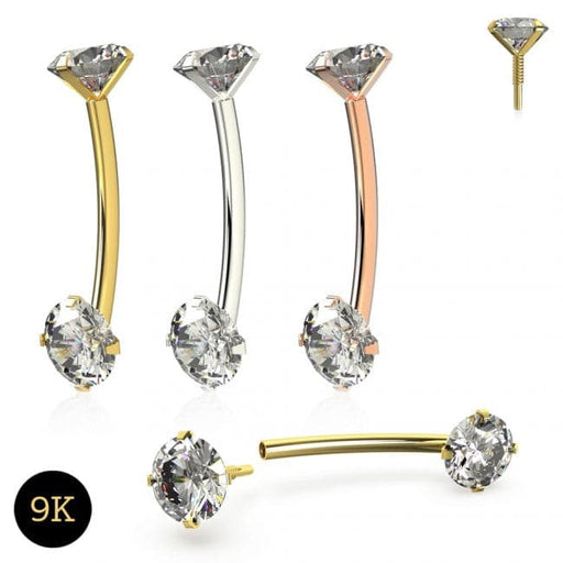 9K Gold Internally Threaded Round CZ Jewelled Curved Bar - Monster Piercing