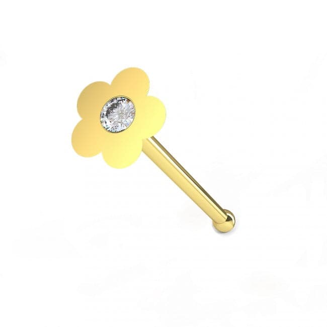 9ct Solid Gold Cubic Zirconia Jeweled Flower Ball End Nose Stud - Monster Piercing