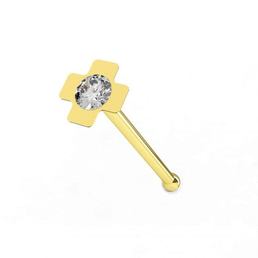 9ct Solid Yellow Gold Cubic Zirconia Jeweled Cross Ball End Nose Stud - Monster Piercing