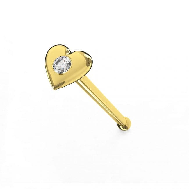 9ct Solid Gold Cubic Zirconia Jeweled Heart Ball End Nose Stud - Monster Piercing