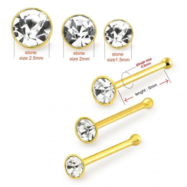 9ct Solid Yellow Gold Genuine Crystal Ball End Nose Stud - Monster Piercing