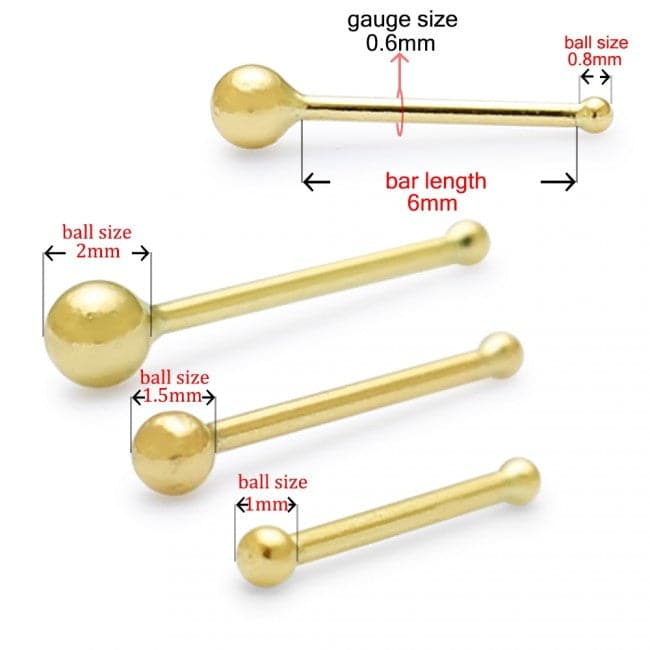 9ct Solid Yellow Gold Plain Bead Ball Top Nose Bone Stud - Monster Piercing