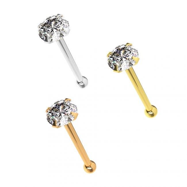 9K Gold with Round Shaped Clear Colour Cubic Zirconia Jewelled Ball End Nose Stud - Monster Piercing