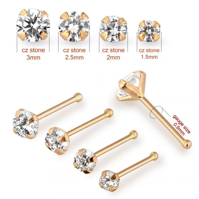 9K Gold with Round Shaped Clear Colour Cubic Zirconia Jewelled Ball End Nose Stud - Monster Piercing