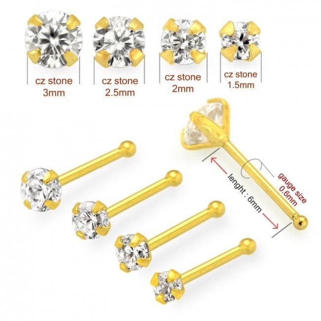 9K Gold with Round Shaped Clear Colour Cubic Zirconia Jewelled Ball End Nose Stud - Monster Piercing