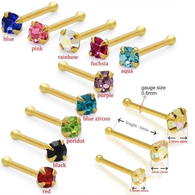 9ct Solid Yellow Gold with Colorful Crystal Stone Jeweled in Prong set Ball End Nose Stud - Monster Piercing