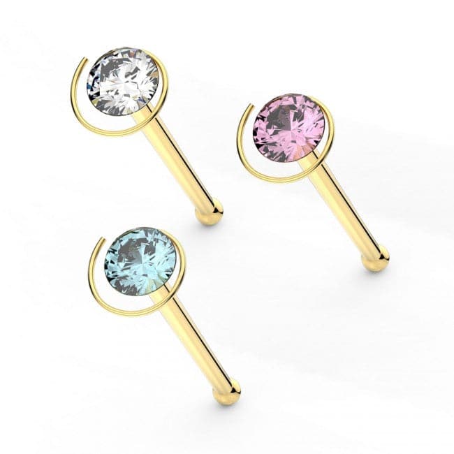 9ct Gold Ball End Cubic Zirconia Jeweled Coil Nose stud - Monster Piercing