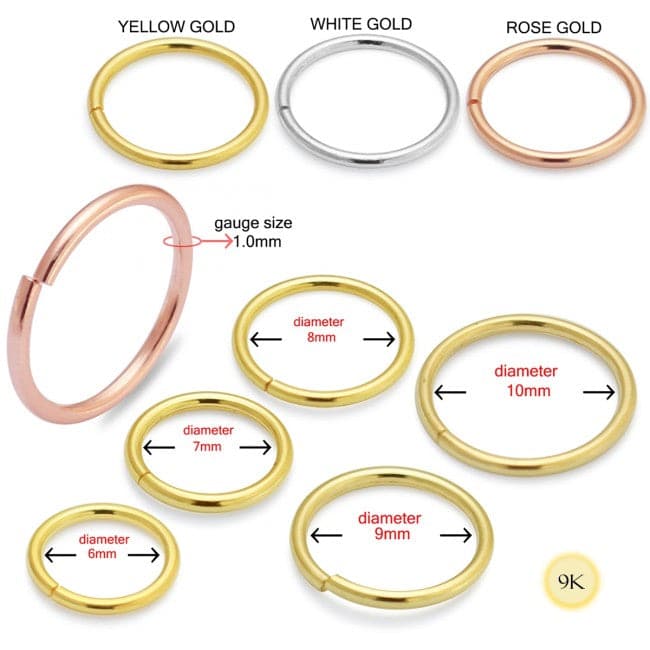 9ct Solid Gold Seamless Continuous Nose Hoop Ring - Monster Piercing