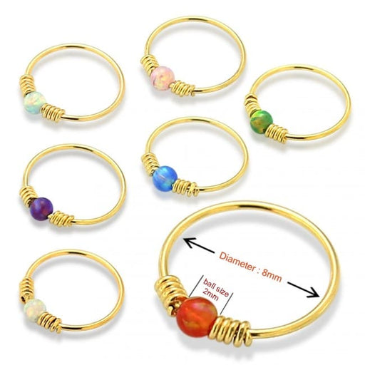 9ct Yellow Gold Spring Coil-End with Opal Stone Hoop Nose Ring - Monster Piercing