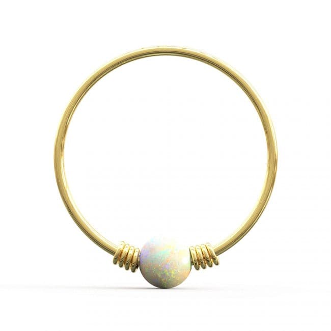 9ct Yellow Gold Spring Coil-End with Opal Stone Hoop Nose Ring - Monster Piercing