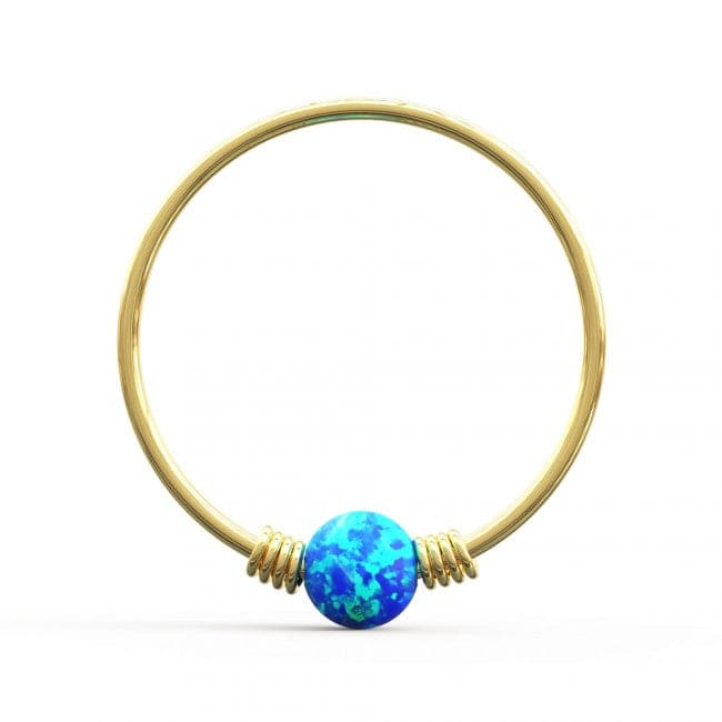 9ct Yellow Gold Spring Coil-End with Opal Stone Hoop Nose Ring - Monster Piercing