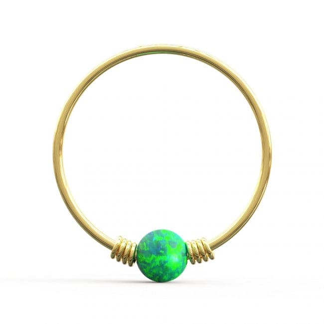 9ct Yellow Gold Spring Coil-End with Opal Stone Hoop Nose Ring - Monster Piercing