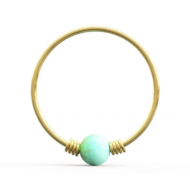 9ct Yellow Gold Spring Coil-End with Opal Stone Hoop Nose Ring - Monster Piercing