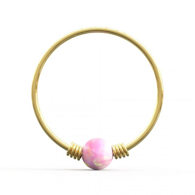 14K Yellow Gold Spring Coil-End with Opal Stone Hoop